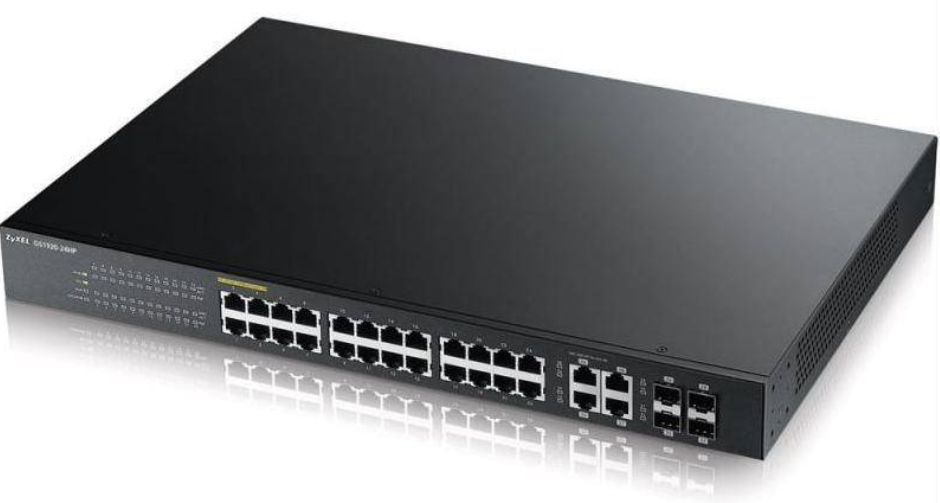 28 port smart managed PoE switch 24x Gigabit copper PoE and 4x Gigabit dual pers., hybird mode, standalone or NebulaFlex cloud, 375 Watt PoE