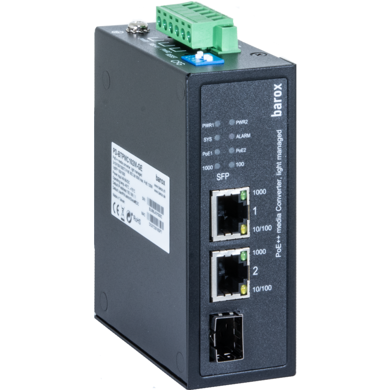 Barox industrial managed media converter with PoE++ for 2*10/100/1000BaseTX to SFP