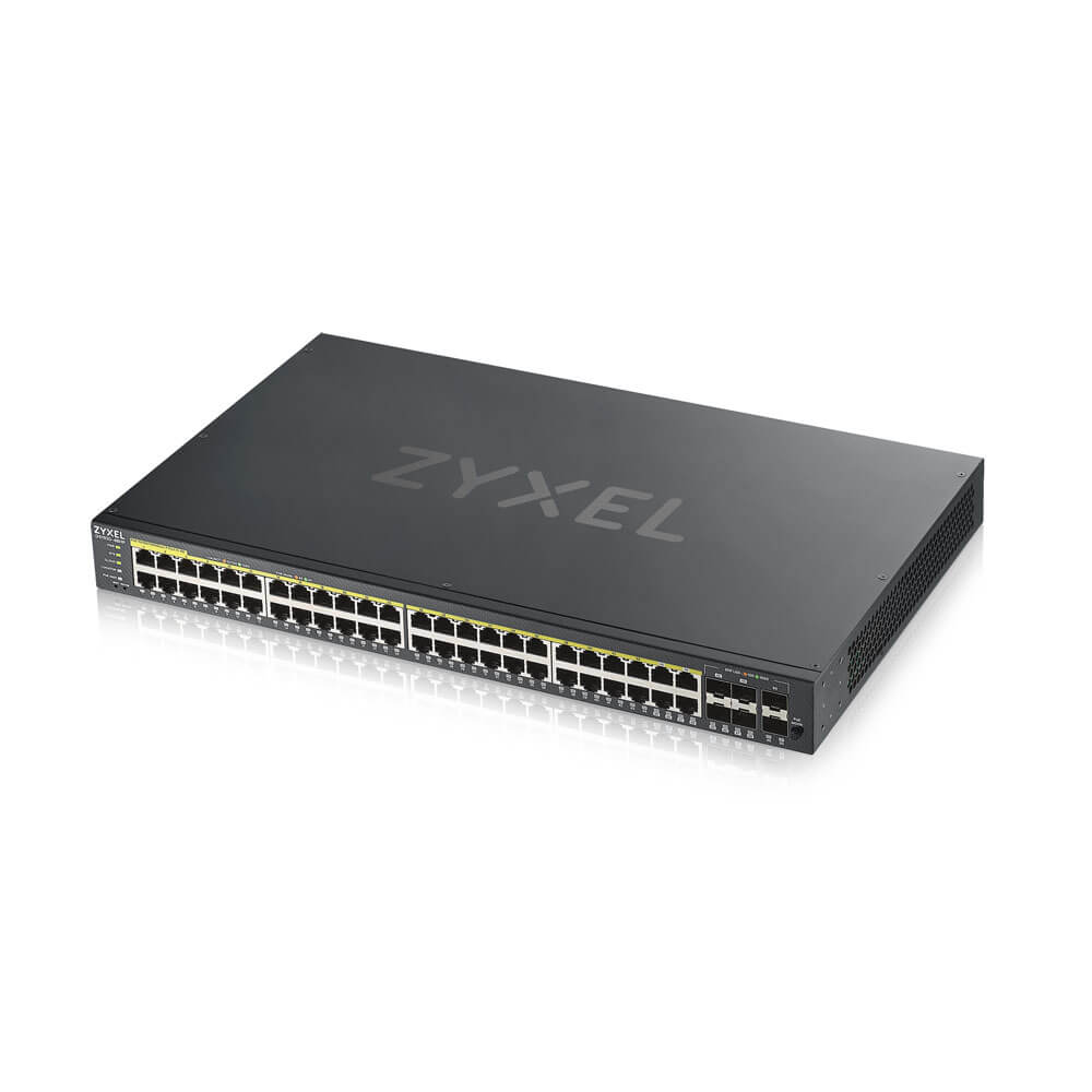 Zyxel 52 port smart managed PoE switch 48*GE PoE, 4*Gigabit dual pers., hybird mode, standalone or NebulaFlex cloud, 375 Watt PoE