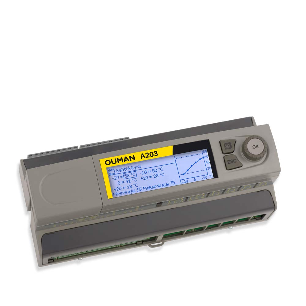 Ouman A203 DIN-rail mounted heating controller for three circuits (2 heating circuits, 1 domestic hot water circuit) + built in Ethernet &amp; local WEB-UI