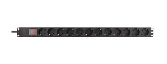 19&quot; 1U toitepaneel, 12*CEE7/4 Schuko pesa, 1*CEE 7/7 Schuko pistik, 3500W, toitelüliti, alu., 2m, must