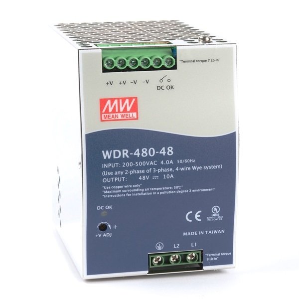 MeanWell 480W/10A DIN-rail 48VDC single output industrial power supply, universal 180 to 550VAC or 254 to 780VDC input voltage, -30 to 70°C operating temperature