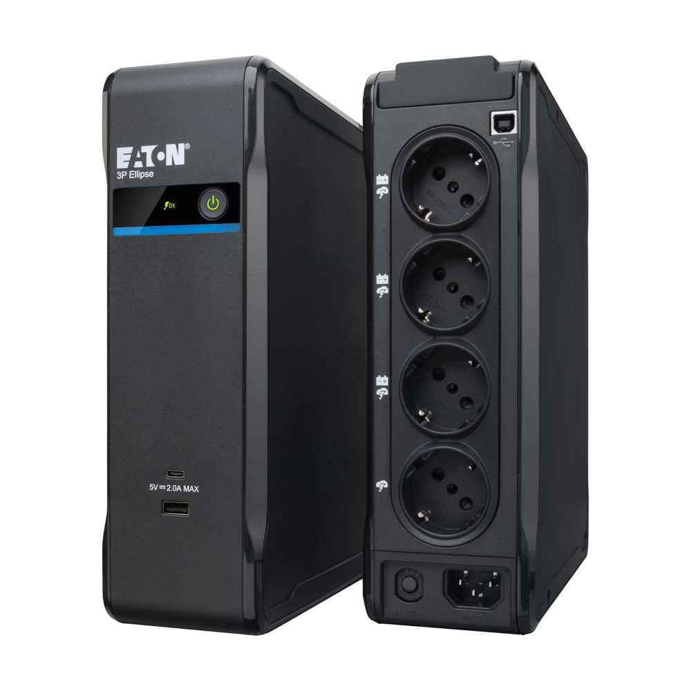 Eaton 3P Ellipse off-line UPS USB DIN, 700VA/420W, input: C14, outputs: (3) Schuko, (1) Schuko surge only, USB charge, tower