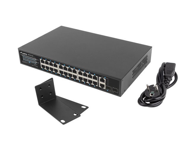 Lanberg unmanaged PoE switch, 24*100Mbps PoE+/2*combo, 19" rackmountable, 250W PoE