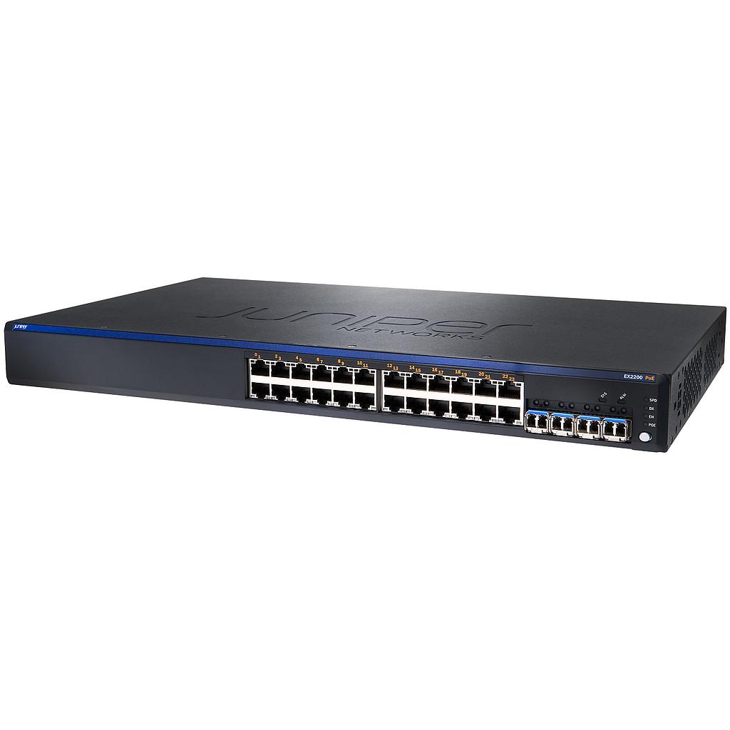 Juniper EX2200, 24-port 10/100/1000BaseT PoE+ with 4 SFP uplink ports (optics not included), refurbished