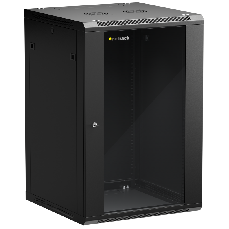 Netrack 19&quot; wall-mount F-Line rack cabinet, 18U 600*600, glass door, black, flat-pack