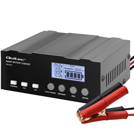 Qoltec intelligent microprocessor charger 12A, 12V/24V, rectifier with repair function for AGM GEL, LCD