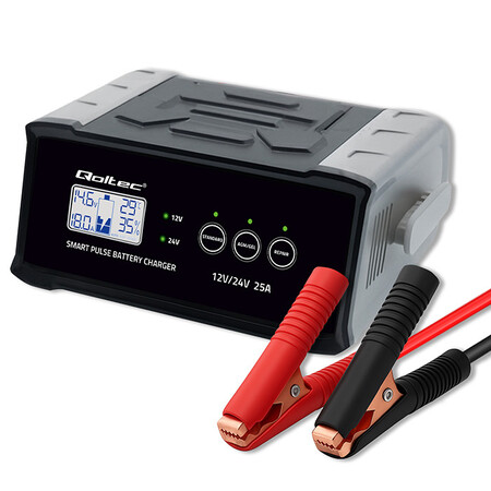 Qoltec intelligent microprocessor charger 12V/24V 25A, rectifier with repair function for AGM GEL SLA batteries, LCD