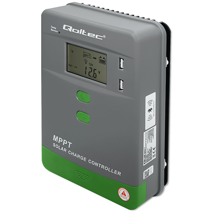 Qoltec MPPT solar charge controller with temperature sensor 30A, 12V/24V, LCD, 2*USB, Bluetooth, APP, GEL, LiFePO4