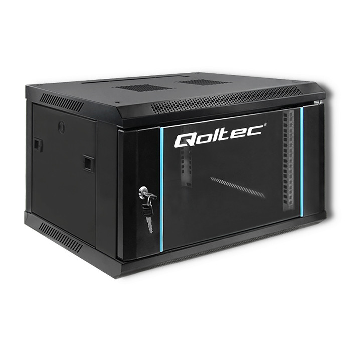 Qoltec 19" wall-mount rack cabinet 6U 600*370*450, with glass door, black