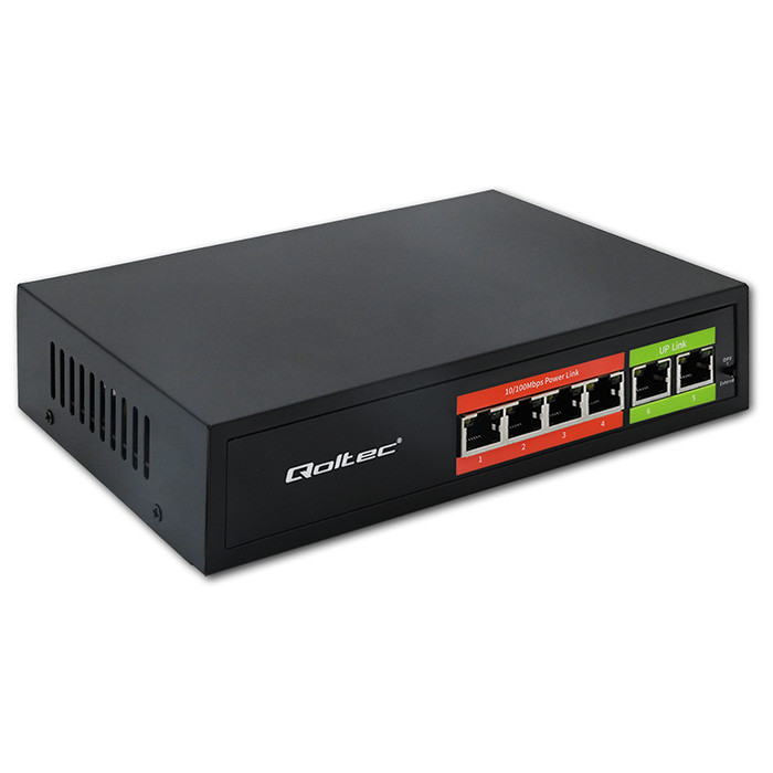 Qoltec unmanaged FE PoE switch, 4*RJ45 PoE (65W budget), 2*RJ45 uplink 10/100Mb/s