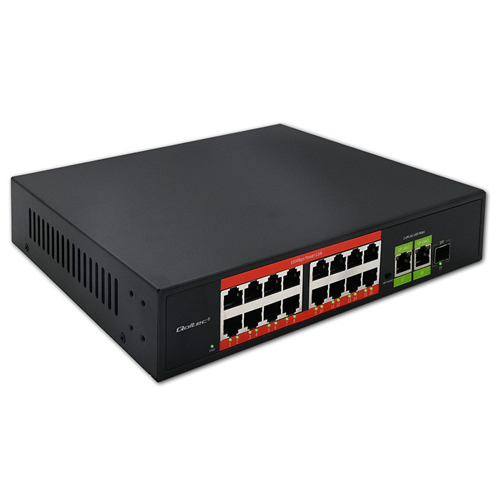 Qoltec unmanaged FE PoE switch, 16*RJ45 PoE (250W budget), 2*RJ45 uplink 10/100/1000Mb/s, 1*SFP 1000Mb/s