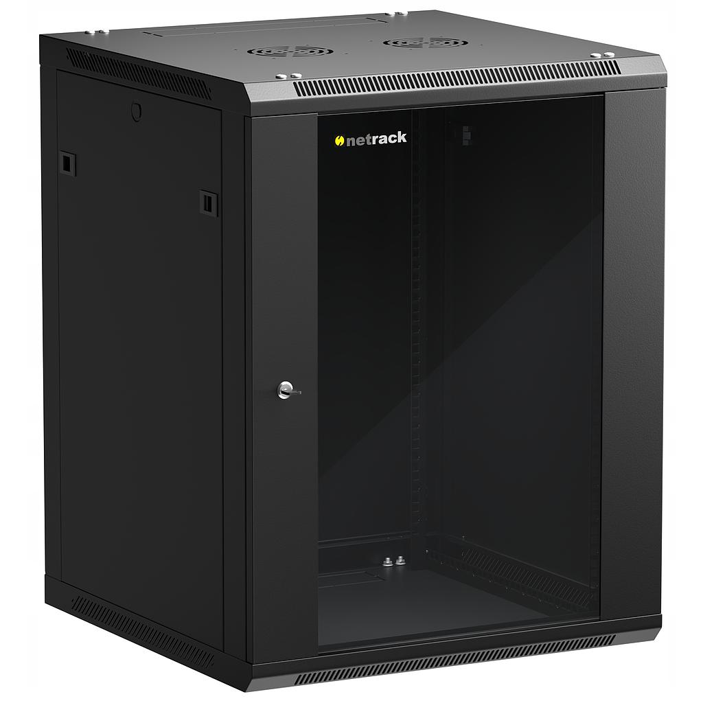 Netrack 19" wall/hanging cabinet 15U/450mm, glass door, remov. side pan., black