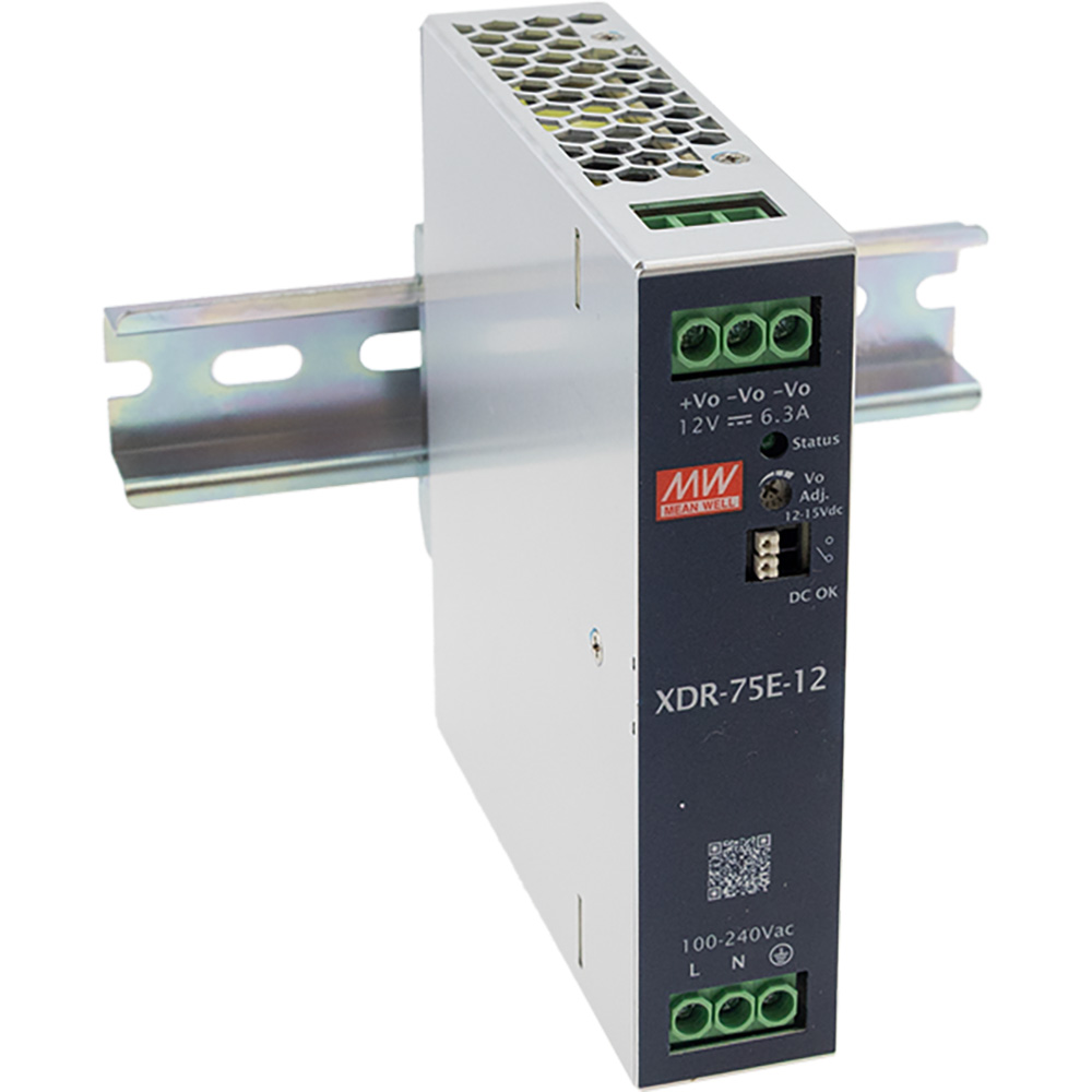 MeanWell XDR DIN-rail power supply 75W,85-264VAC/120-370VDC in, 12V/6.3A out