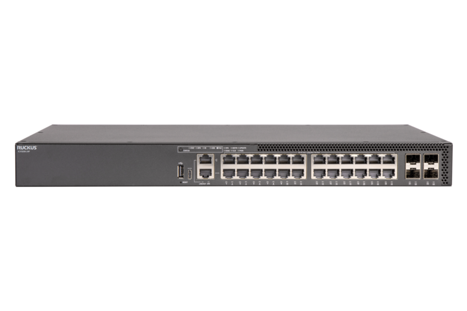 Ruckus ICX 8200 Switch, 24*10/100/1000 Mbps PoE+ ports, 4*25 GbE SFP28 stacking/uplink-ports, 370W PoE budget