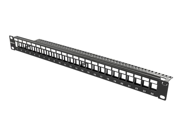 19" 1U patch panel, 24 ports, without connectors, cable support, metal, black