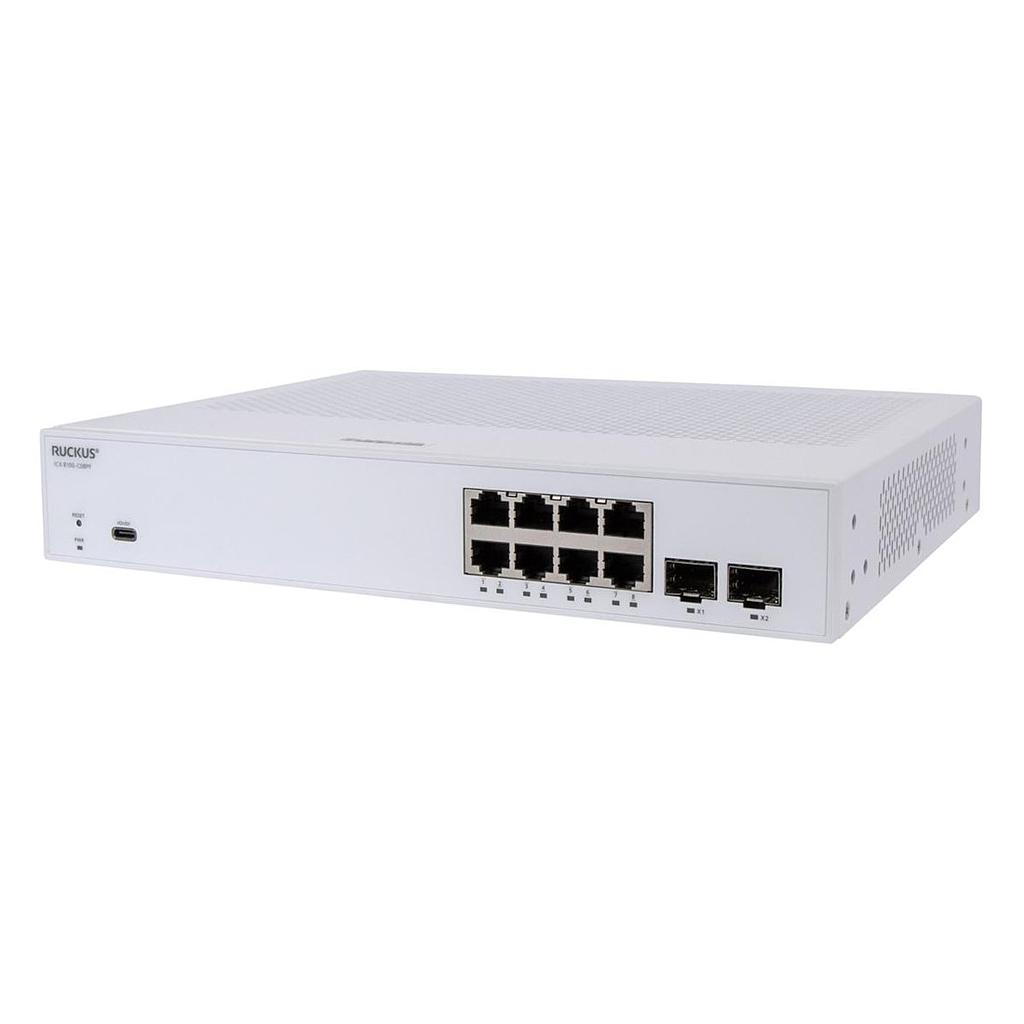Ruckus ICX 8100 compact switch, 8*10/100/1000 Mbps PoE+ 802.3at, 30W class 4 ports, 2*10GbE SFP+ uplink-ports, 124W PoE budget. Power cord not included