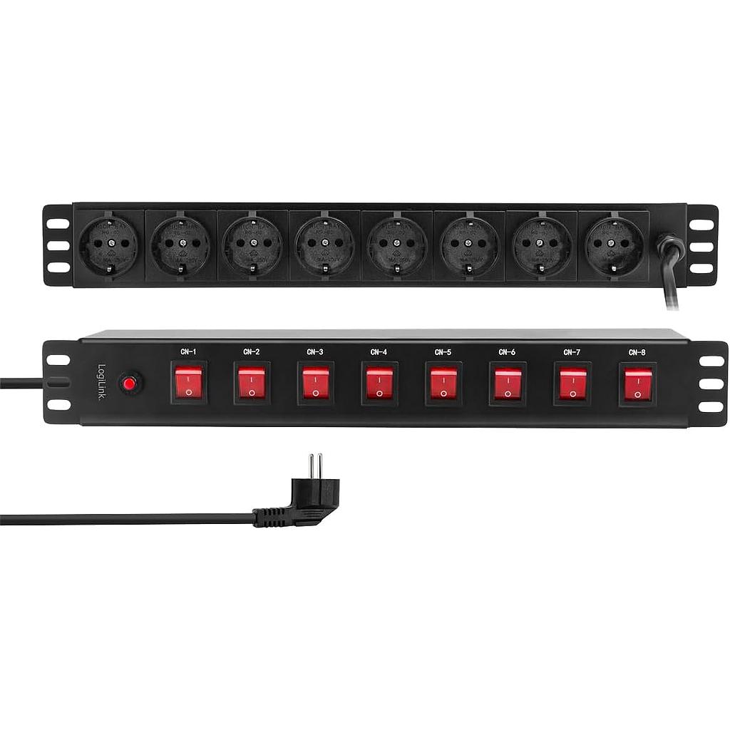 19" 1.5U toitepaneel, lülititega, 8*CEE 7/4 Schuko pesa, 1*CEE 7/7 Schuko pistik, 2m, must
