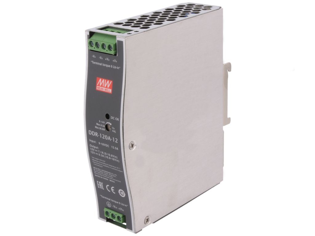Meanwell DIN-rail power supply 120W, 9-18VDC in, 48V/2.1A out