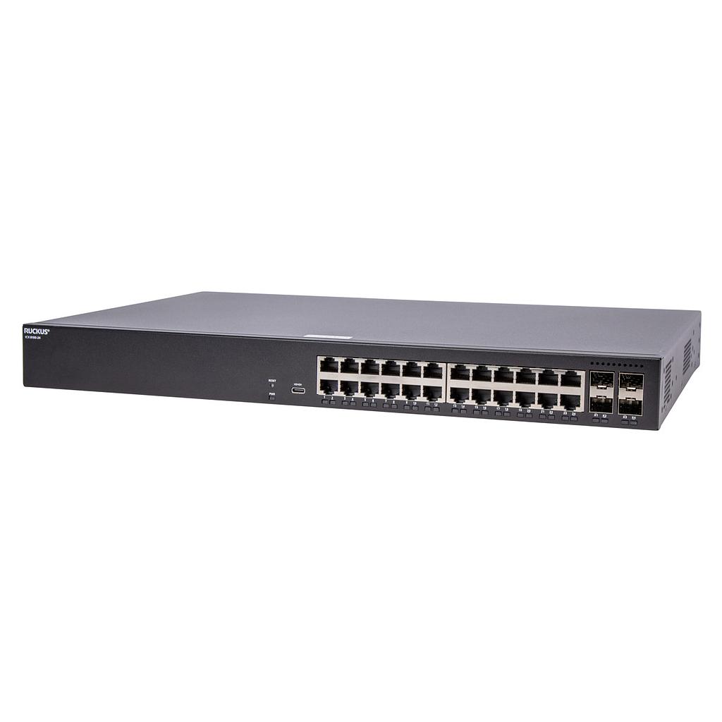 Ruckus ICX 8100 1RU Switch, 24×10/100/1000 Mbps ports, 4×1GbE SFP uplink-ports. Power cord not included