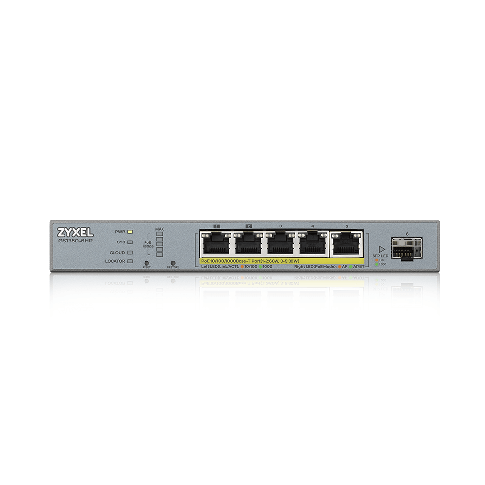 GS1350-6HP, 6 Port managed CCTV PoE switch, long range, 60W, 802.3BT (1 year NCC Pro pack license bundled)