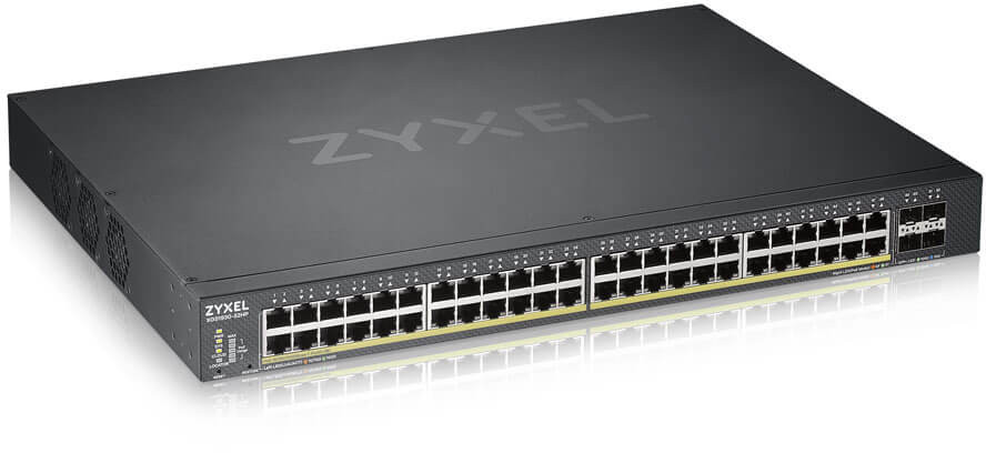 52 port smart managed PoE switch, 48x Gigabit PoE and 4x 10G SFP+, hybird mode, standalone or NebulaFlex cloud, 375 Watt PoE