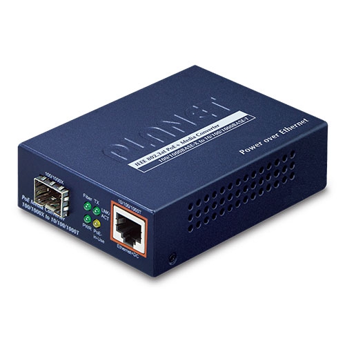 100/1000BASE-X to 10/100/1000BASE-T 802.3at PoE+ media converter (mini-GBIC, SFP)
