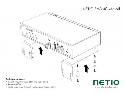 Mounting kit for 1 unit of NETIO 4C. Can be used inside 19&quot; rack on the sides (vertical) or inside the rack. M6 rack mounting screws included.