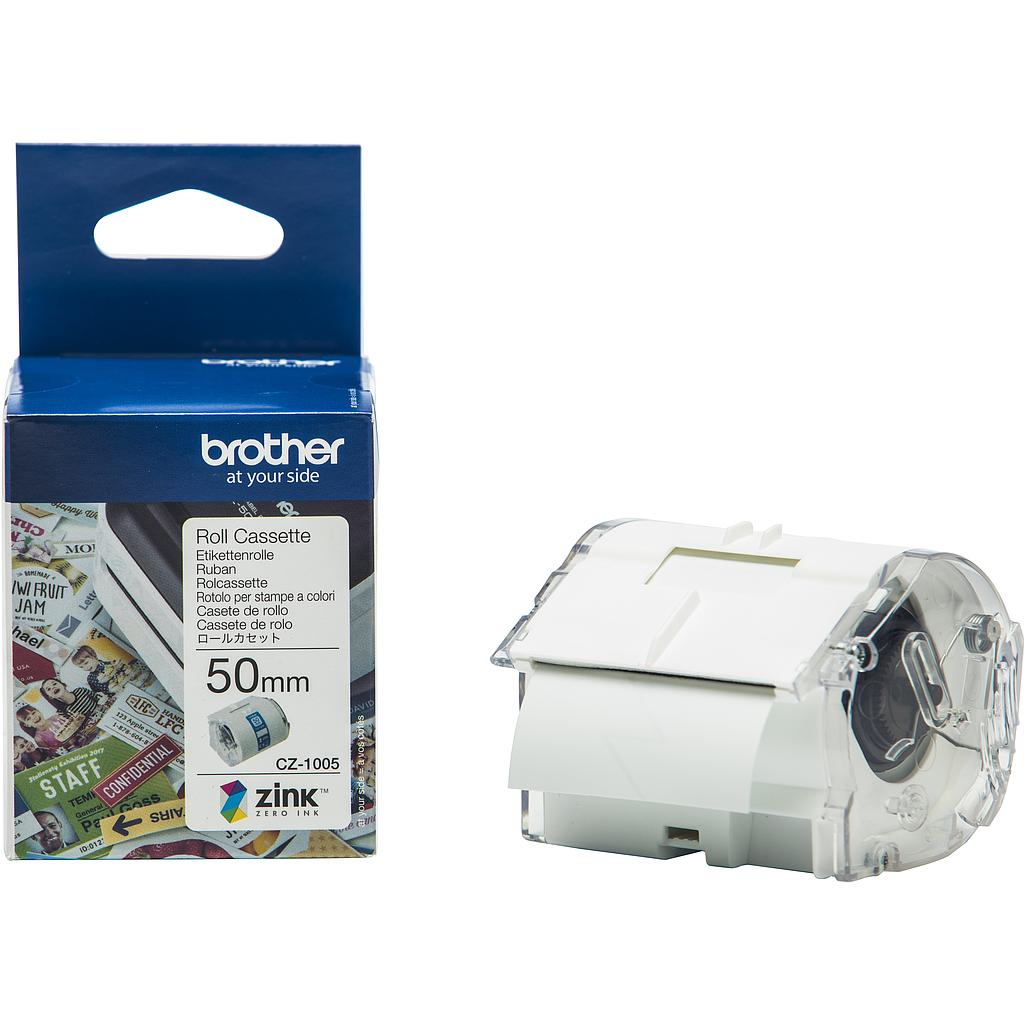 Brother Genuine CZ-1005 continuous length 50 mm wide x 5 m long label roll featuring ZINK Zero Ink technology