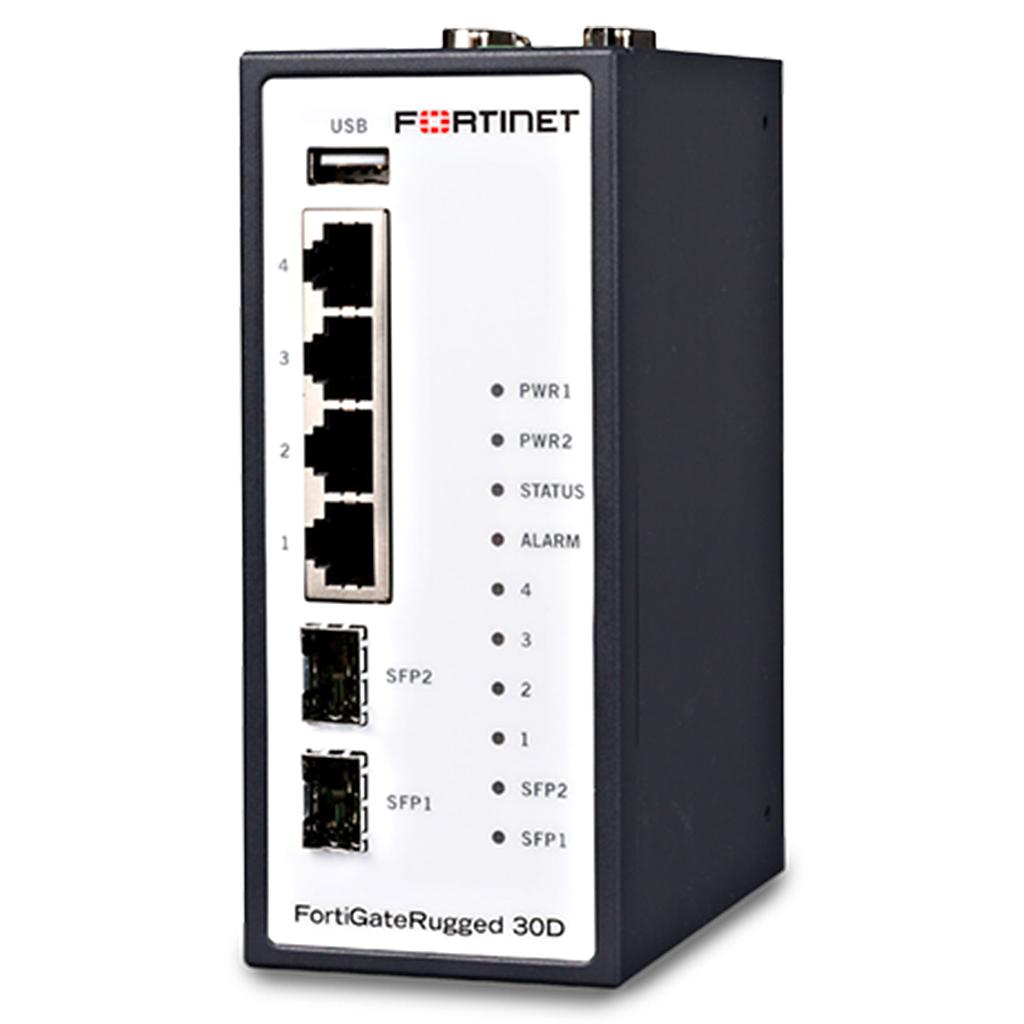 FortiGateRugged-30D FGR-30D ruggedized, 4 x GE RJ45 ports, 2 x GE SFP slots, 2x DB9 serial.