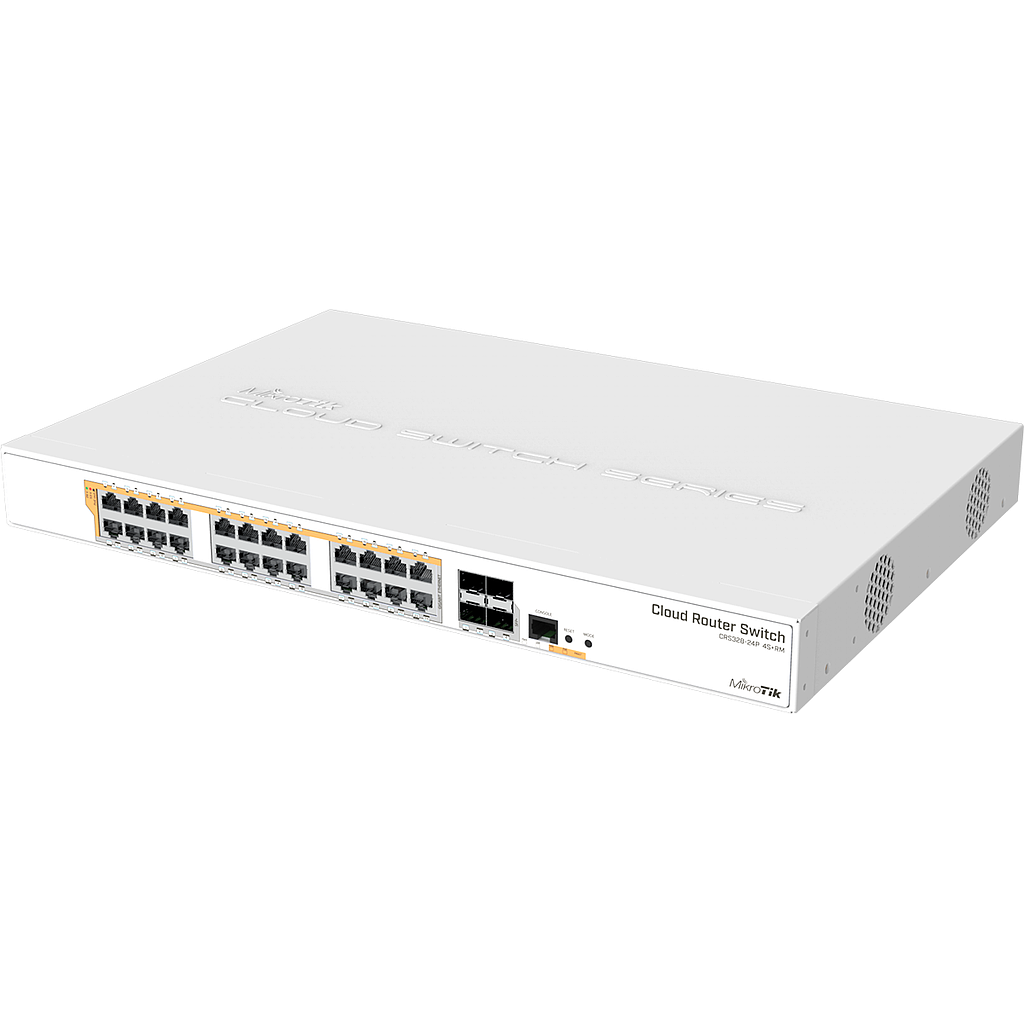 MikroTik switch 24 port Gigabit Ethernet router/switch with four 10Gbps SFP+ ports in 1U rackmount case, dual boot and PoE output, 500W