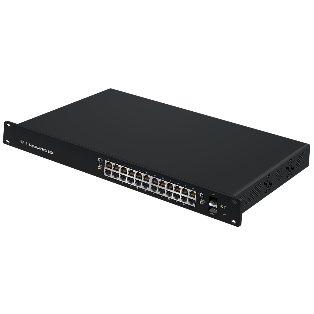 Ubiquiti EdgeSwitch layer 2/3, PoE switch with (24) Gigabit RJ45 ports, (2) SFP ports, 250W power supply.