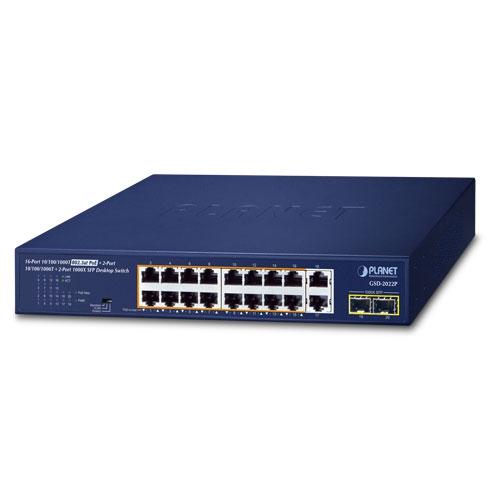 Planet 16-port 10/100/1000T 802.3at PoE + 2-port 10/100/1000T + 2-port 1000X SFP desktop switch