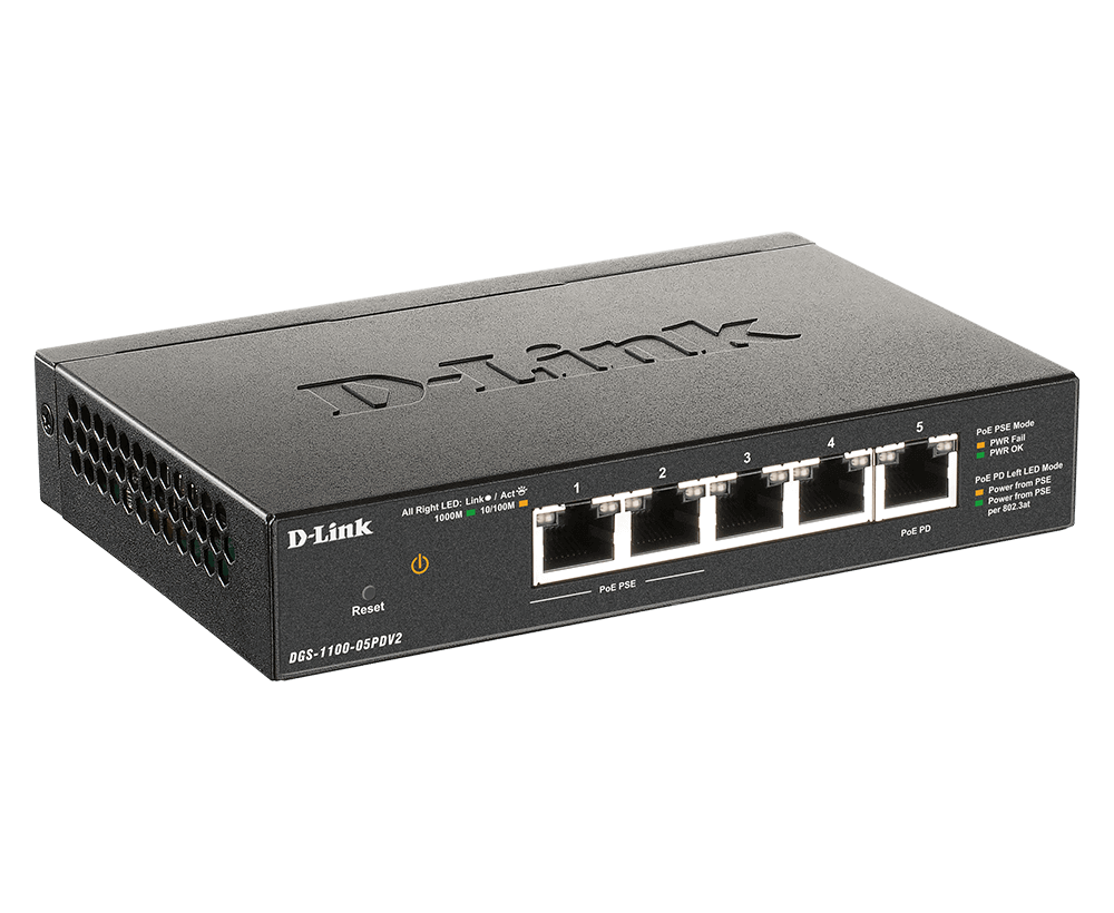 D-Link 5-port Gigabit PoE smart managed switch &amp; PoE extender,PoE powered,3*1000BaseT,2*1000BaseT PoE,power budget:18W with 802.3at/8W with 802.3af input power,fanless