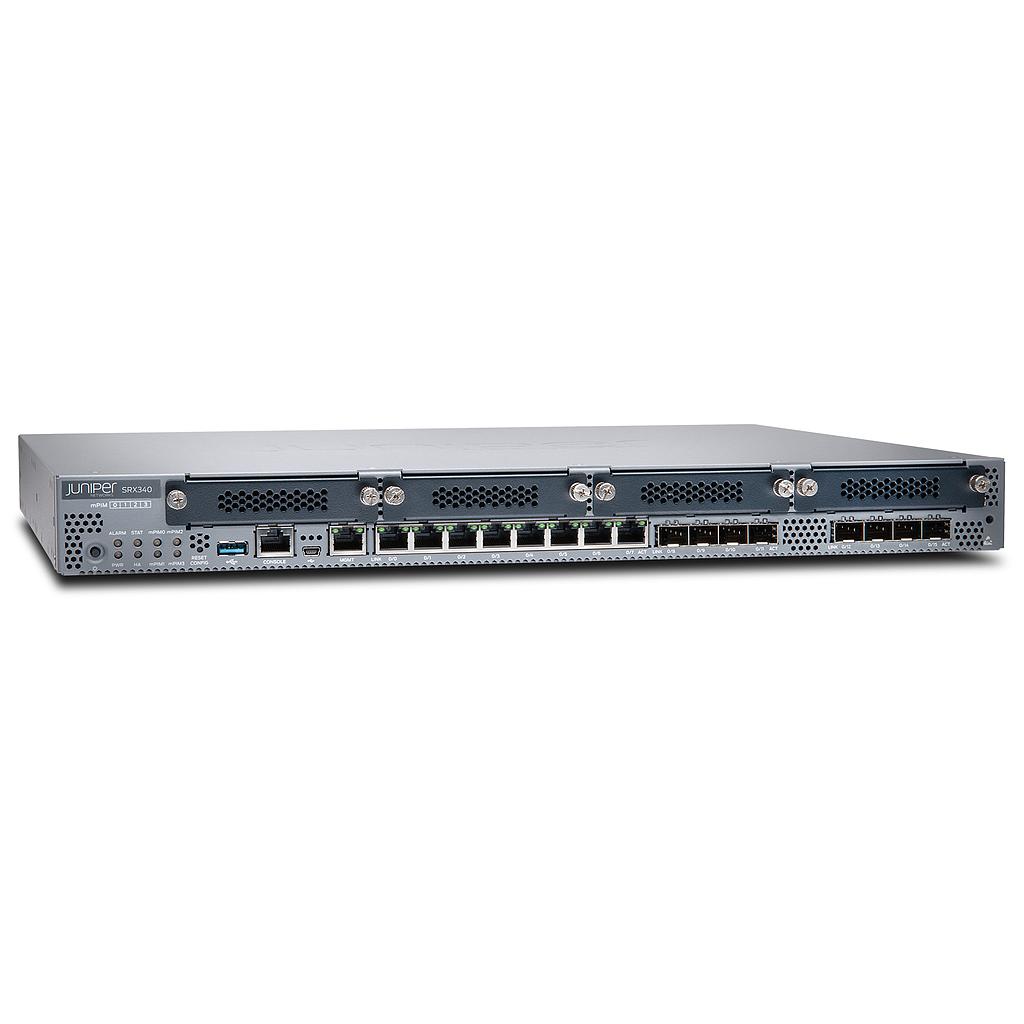 SRX340 Services Gateway includes hardware (16GE, 4x MPIM slots, 4G RAM, 8G Flash, power supply, cable and RMK) and Junos Software Base (Firewall, NAT, IPSec, Routing, MPLS and switching).
