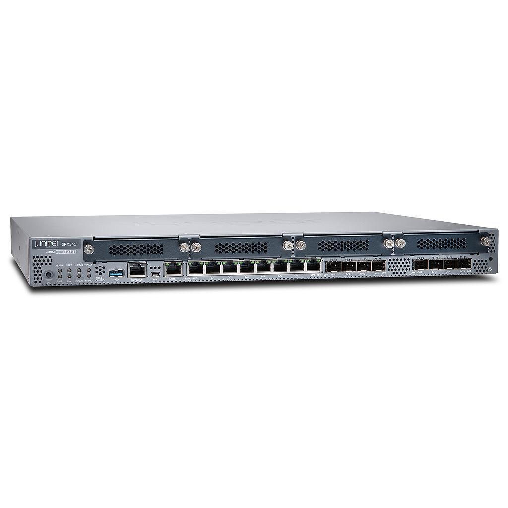 SRX345 Services Gateway includes hardware (16GE, 4x MPIM slots, 4G RAM, 8G Flash, power supply, cable and RMK) and Junos Software Base (Firewall, NAT, IPSec, Routing, MPLS and switching).