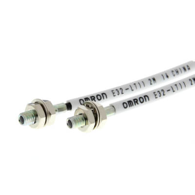 Fiber optic sensor head, through-beam, long distance detection, M4 cylindrical axial, integrated lens, R1 flexible fiber, 2m cable