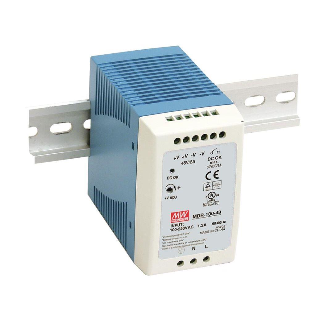 MeanWell AC-DC Industrial DIN rail power supply; output 48V DC at 2A; plastic case
