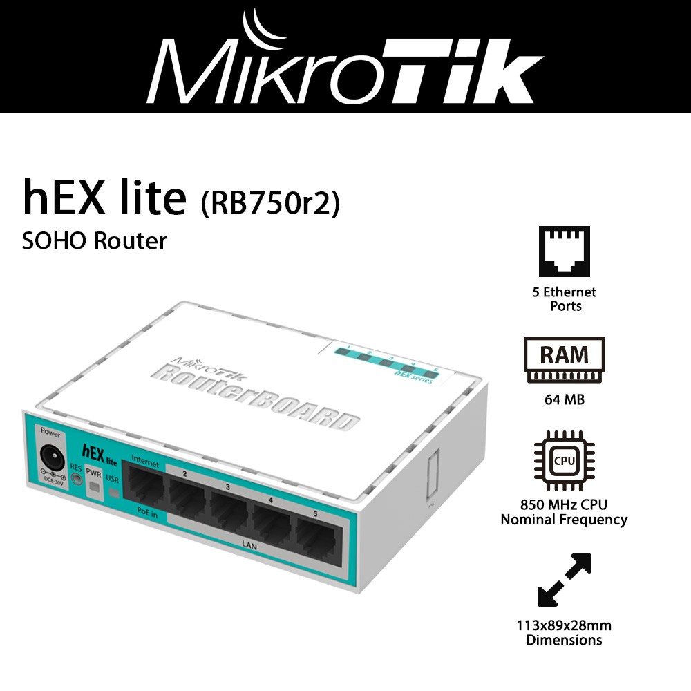 MikroTik hEX lite, 5*Ethernet, small plastic case, 850MHz CPU, 64MB RAM, most affordable MPLS router, RouterOS L4