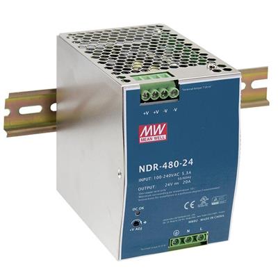 MeanWell AC-DC single output Industrial DIN rail power supply; output 24Vdc at 20A; metal case