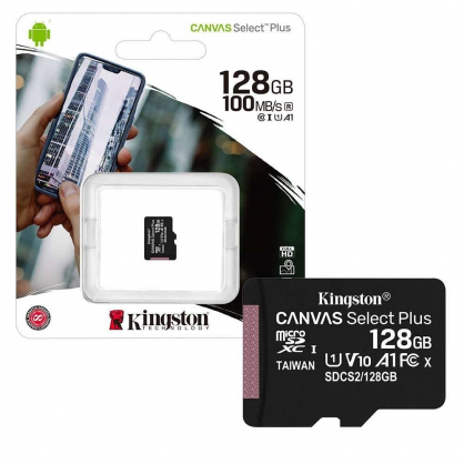 Kingston Canavas Select Plus 128GB mälukaart , microSD, 128GB, 100MB/s (R), 85MB/s (W), must