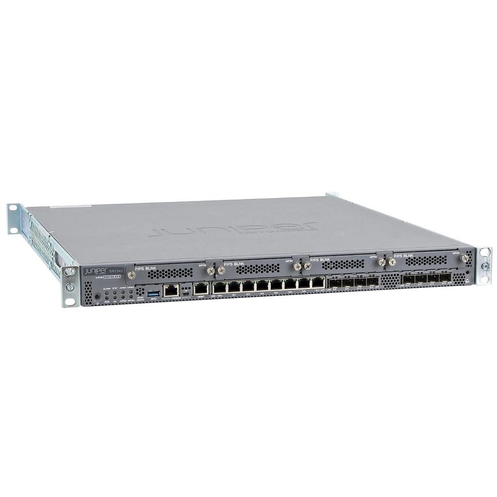 SRX345 Services Gateway includes hardware (16GE, 4x MPIM slots, 4G RAM, 8G Flash, dual AC power supply, cable and RMK) and Junos Software Base (Firewall, NAT, IPSec, routing, MPLS and switching)