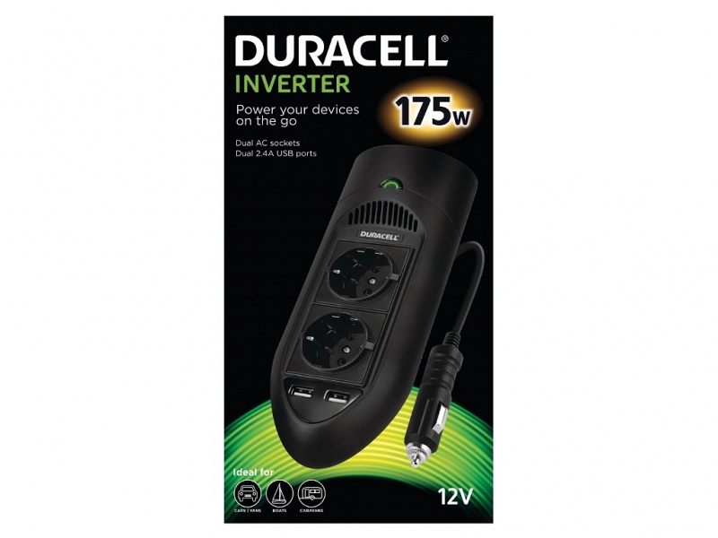Duracell inverter autosse 175W, in 12V DC / out 230V AC 2 pesa, 2*5V DC 2.4A USB, must