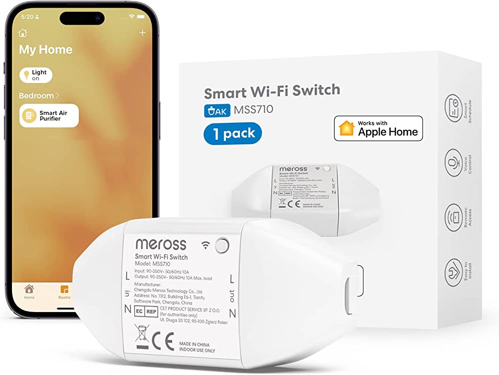 Meross smart WLAN switch MSS710HK for Smart Home DIY, compatible with Apple HomeKit, Alexa and Hey Google, surface/flush-mounted, Wi-Fi 2.4GHz, remote &amp; voice control (neutral wire required)