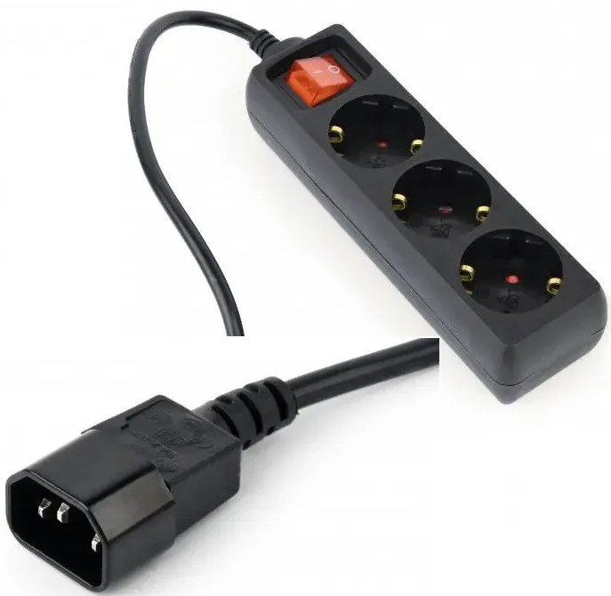 UPS power strip, 3 Schuko sockets, fused switch, 10 A, C14 plug, 0.6m cable, black