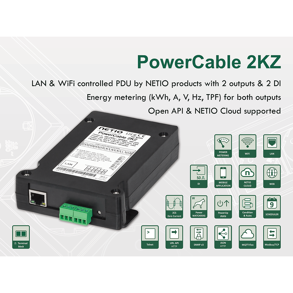 PowerCable 2KZ is a smart 2x 230V/16A device with LAN &amp; WiFi connectivity. Each output can be switched and metered individually. Web interface, NETIO Cloud, M2M protocols: XML http, JSON http and URL API. ZCS (Zero Current Switching), 2 x DI. No power cable included (mounted on request, F/E/S/G type ask for price)