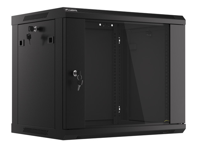 19" wall-mount rack cabinet Lanberg, 9U/600*600 with glass door V2, black, for self assembly (flat pack)