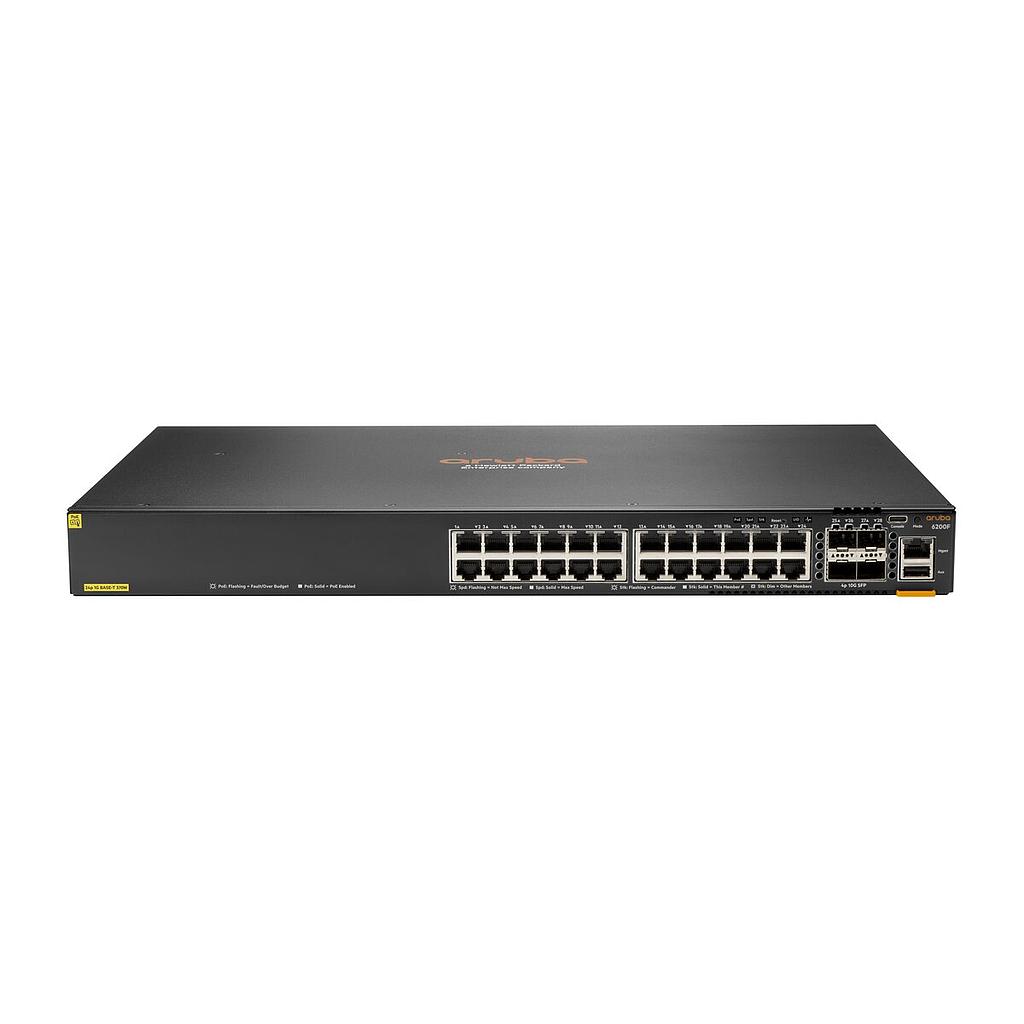 HPE Aruba 6200F 24G Class4 PoE 4SFP+ 370W PoE managed switch, 24*10/100/1000 (PoE+) + 4*SFP/SFP+, rack-mountable