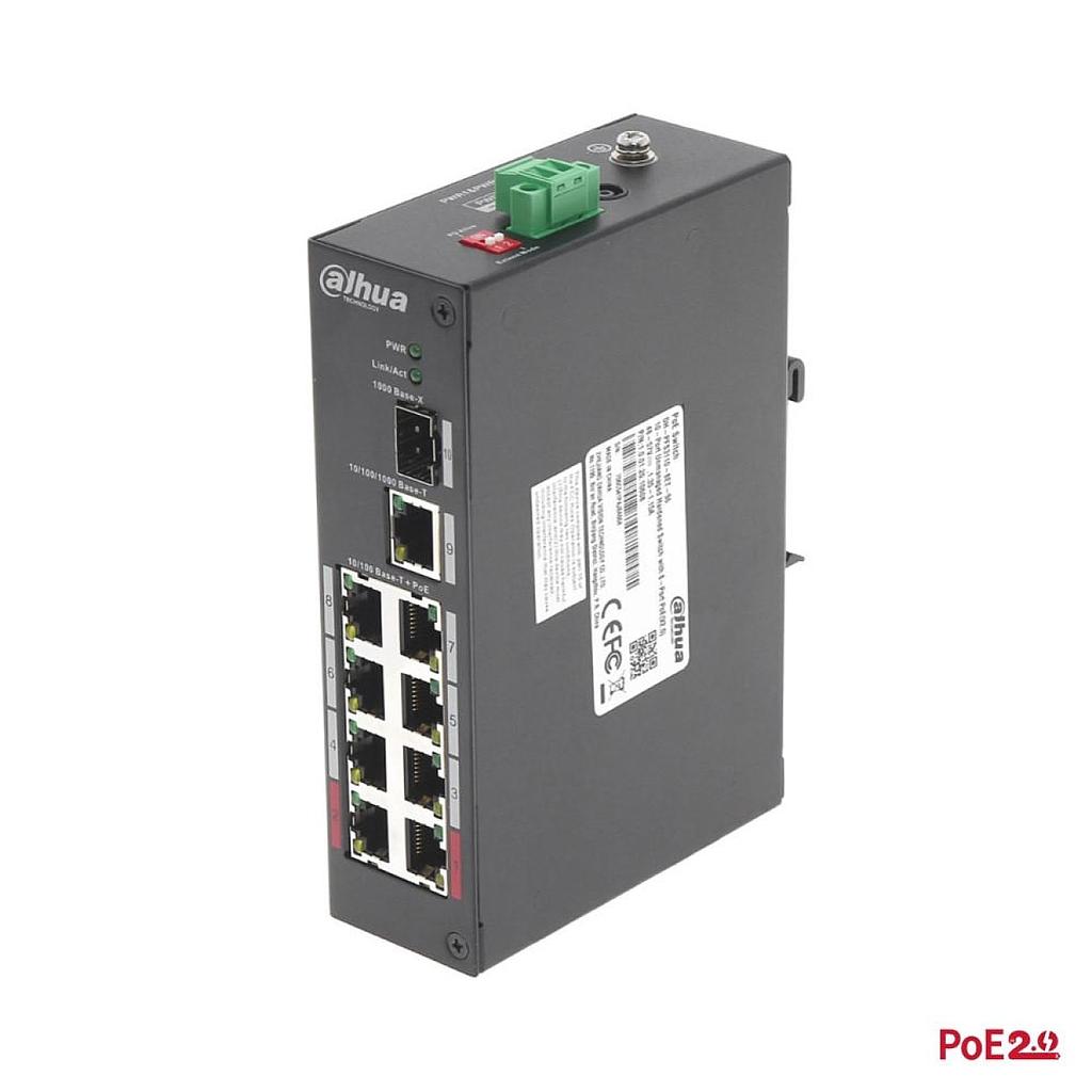Dahua PFS3110-8ET-96-V2 mittehallatav switch, PoE 8*100Mbps + 1*1000Mbps combo, 96W