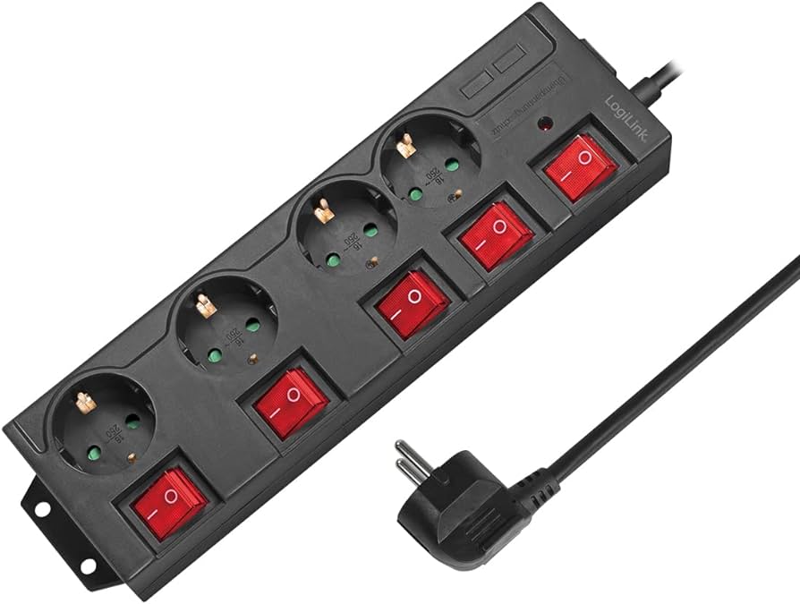 LogiLink LPS251 4-way power strip 1.5m (CEE 7/3) with 5*on/off switch, with surge protection + built-in safety shutter (increased touch protection), black